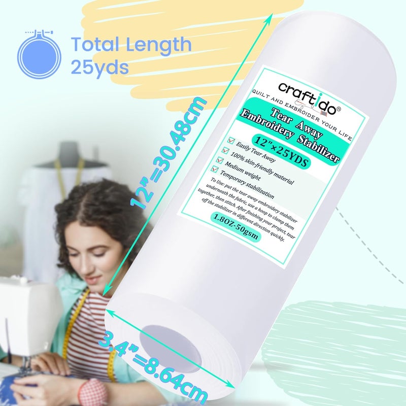 craftido Tear Away Embroidery Stabilizer Backing 12" x 25 Yd/roll Compatible with Most Hoops 1.8oz Medium Weight for Machine Embroidery and Hand Sewing - Image 2